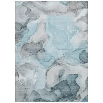 9' X 12' Teal Abstract Washable Non Skid Indoor Outdoor Area Rug