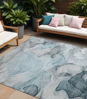 10' X 14' Teal Abstract Washable Non Skid Indoor Outdoor Area Rug