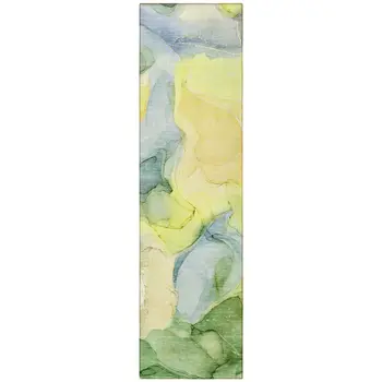 8' Runner Yellow Abstract Washable Non Skid Indoor Outdoor Runner Rug