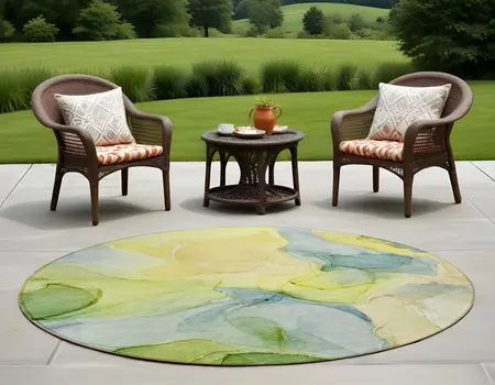 8' Round Yellow Round Abstract Washable Non Skid Indoor Outdoor Area Rug