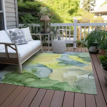 9' X 12' Yellow Abstract Washable Non Skid Indoor Outdoor Area Rug