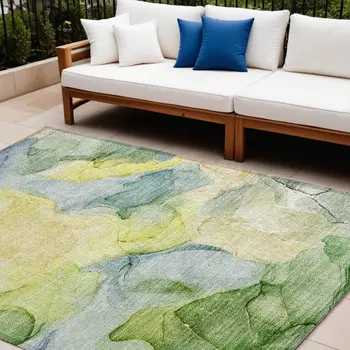 10' X 14' Yellow Abstract Washable Non Skid Indoor Outdoor Area Rug