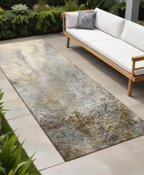 8' Runner Beige Abstract Washable Non Skid Indoor Outdoor Runner Rug