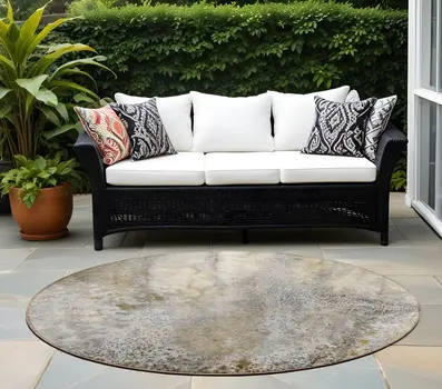8' Round Beige Round Abstract Washable Non Skid Indoor Outdoor Area Rug
