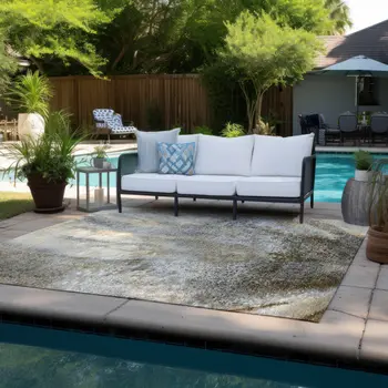 9' X 12' Beige Abstract Washable Non Skid Indoor Outdoor Area Rug