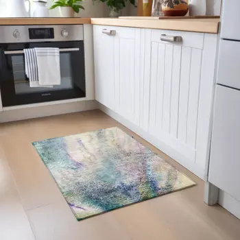 2' X 3' Beige Blue and Gray Abstract Washable Non Skid Indoor Outdoor Area Rug