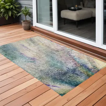2' X 3' Beige Blue and Gray Abstract Washable Non Skid Indoor Outdoor Area Rug