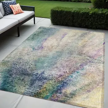 5' X 8' Beige Blue and Gray Abstract Washable Non Skid Indoor Outdoor Area Rug