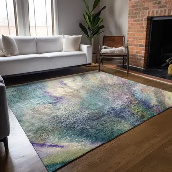 5' X 8' Beige Blue and Gray Abstract Washable Non Skid Indoor Outdoor Area Rug