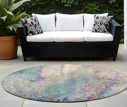 8' Round Beige Blue and Gray Round Abstract Washable Non Skid Indoor Outdoor Area Rug