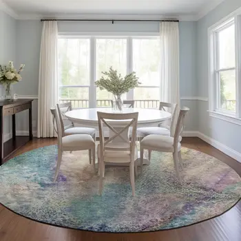 8' Round Beige Blue and Gray Round Abstract Washable Non Skid Indoor Outdoor Area Rug