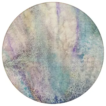 8' Round Beige Blue and Gray Round Abstract Washable Non Skid Indoor Outdoor Area Rug