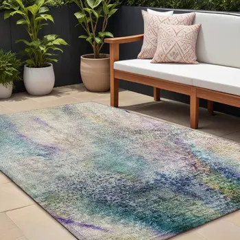 10' X 14' Beige Blue and Gray Abstract Washable Non Skid Indoor Outdoor Area Rug