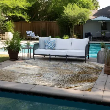 9' X 12' Brown Abstract Washable Non Skid Indoor Outdoor Area Rug