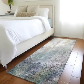 8' Runner Ivory Abstract Washable Non Skid Indoor Outdoor Runner Rug