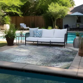 8' X 10' Ivory Abstract Washable Non Skid Indoor Outdoor Area Rug