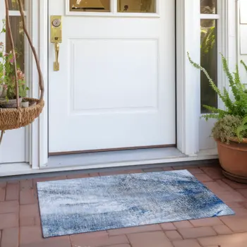 2' X 3' Ivory Blue and Gray Abstract Washable Non Skid Indoor Outdoor Area Rug