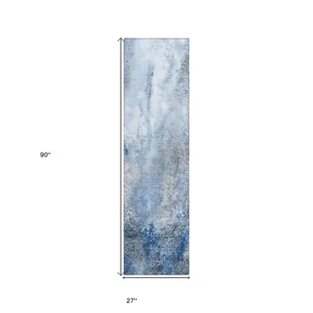 8' Runner Ivory Blue and Gray Abstract Washable Non Skid Indoor Outdoor Runner Rug