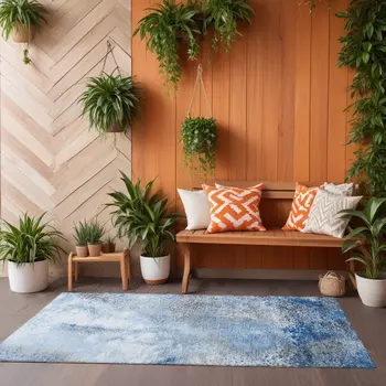 8' Runner Ivory Blue and Gray Abstract Washable Non Skid Indoor Outdoor Runner Rug
