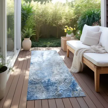 8' Runner Ivory Blue and Gray Abstract Washable Non Skid Indoor Outdoor Runner Rug