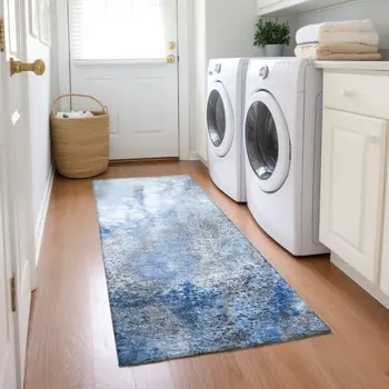 8' Runner Ivory Blue and Gray Abstract Washable Non Skid Indoor Outdoor Runner Rug