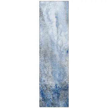 8' Runner Ivory Blue and Gray Abstract Washable Non Skid Indoor Outdoor Runner Rug