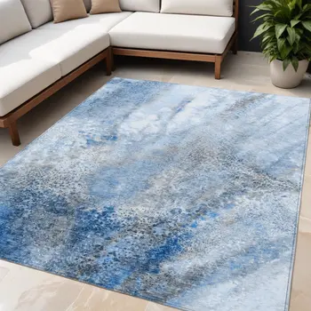 5' X 8' Navy and Gray Abstract Washable Non Skid Indoor Outdoor Area Rug