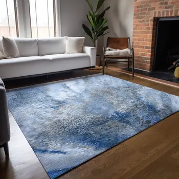 5' X 8' Navy and Gray Abstract Washable Non Skid Indoor Outdoor Area Rug