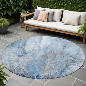 8' Round Ivory Blue and Gray Round Abstract Washable Non Skid Indoor Outdoor Area Rug