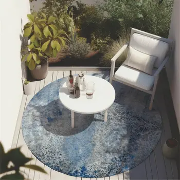 8' Round Ivory Blue and Gray Round Abstract Washable Non Skid Indoor Outdoor Area Rug