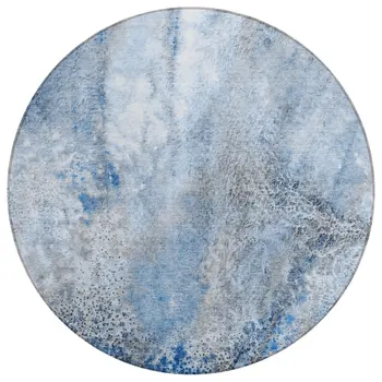 8' Round Ivory Blue and Gray Round Abstract Washable Non Skid Indoor Outdoor Area Rug