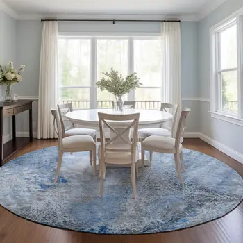 8' Round Ivory Blue and Gray Round Abstract Washable Non Skid Indoor Outdoor Area Rug