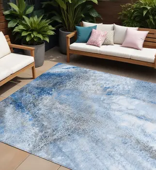 8' X 10' Navy and Gray Abstract Washable Non Skid Indoor Outdoor Area Rug