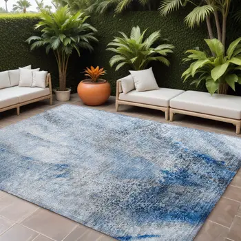 9' X 12' Ivory Blue and Gray Abstract Washable Non Skid Indoor Outdoor Area Rug