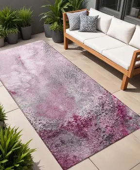 8' Runner Pink Abstract Washable Non Skid Indoor Outdoor Runner Rug