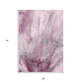 5' X 8' Pink Abstract Washable Non Skid Indoor Outdoor Area Rug