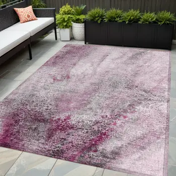 5' X 8' Pink Abstract Washable Non Skid Indoor Outdoor Area Rug
