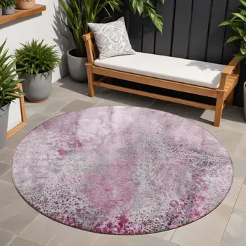8' Round Pink Round Abstract Washable Non Skid Indoor Outdoor Area Rug