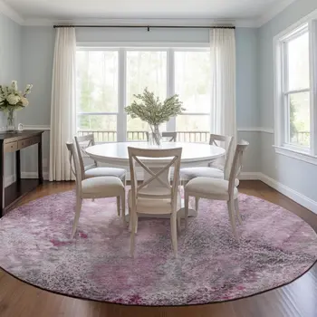 8' Round Pink Round Abstract Washable Non Skid Indoor Outdoor Area Rug