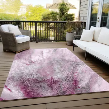 9' X 12' Pink Abstract Washable Non Skid Indoor Outdoor Area Rug