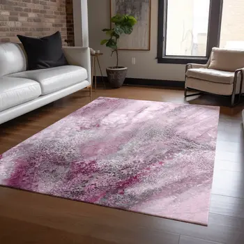 9' X 12' Pink Abstract Washable Non Skid Indoor Outdoor Area Rug