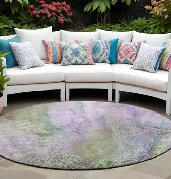 8' Round Purple Round Abstract Washable Non Skid Indoor Outdoor Area Rug