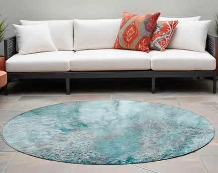 8' Round Gray and Ivory Round Abstract Washable Non Skid Indoor Outdoor Area Rug