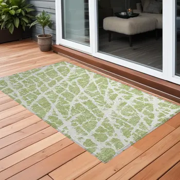 2' X 3' Green and White Abstract Washable Non Skid Indoor Outdoor Area Rug