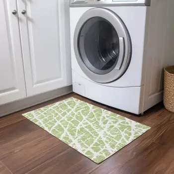 2' X 3' Green and White Abstract Washable Non Skid Indoor Outdoor Area Rug