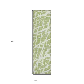 8' Runner Green and White Abstract Washable Non Skid Indoor Outdoor Runner Rug
