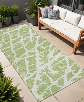 8' Runner Green and White Abstract Washable Non Skid Indoor Outdoor Runner Rug
