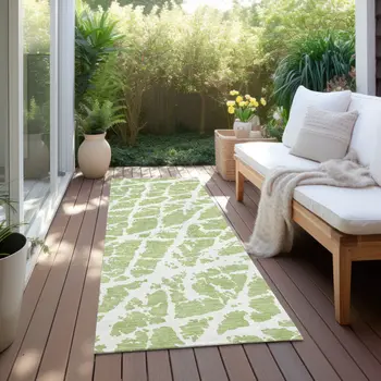 8' Runner Green and White Abstract Washable Non Skid Indoor Outdoor Runner Rug