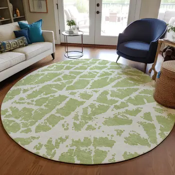 8' Round Green and White Round Abstract Washable Non Skid Indoor Outdoor Area Rug