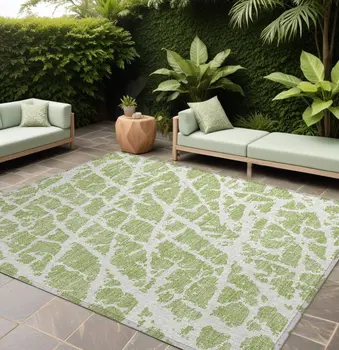 9' X 12' Green And White Abstract Washable Indoor Outdoor Area Rug